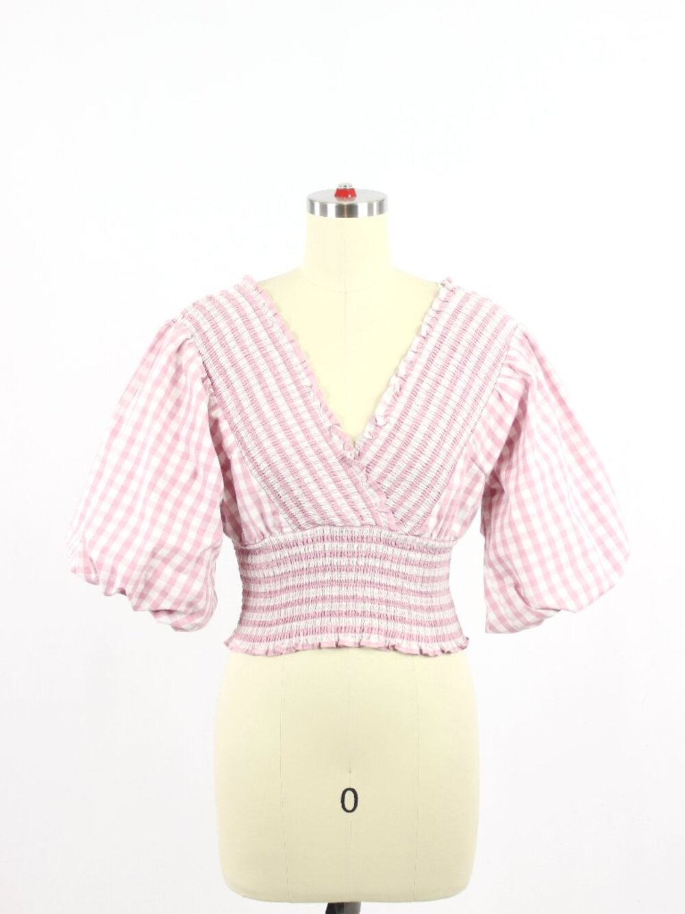 ABERCROMBIE & FITCH Pink Gingham Cotton Balloon Sleeve Smocked Blouse, Size S